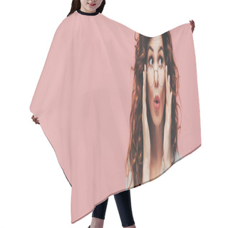 Personality  Panoramic Shot Of Surprised Curly Girl Touching Glasses Isolated On Pink Hair Cutting Cape
