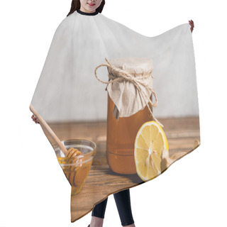 Personality  Jar With Yellow Honey Near Juicy Lemon, Ginger Roots And Wooden Dipper On Grey Background Hair Cutting Cape