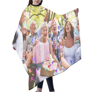 Personality  Family Celebration Or A Garden Party Outside In The Backyard. Hair Cutting Cape