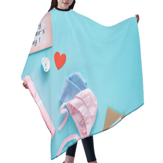 Personality  Top View Of Gift Box, Baby Clothes And Greeting Cards With Happy Mothers Day Lettering On Blue Surface Hair Cutting Cape