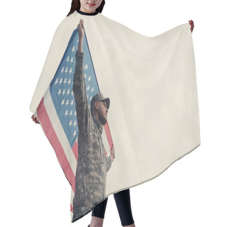 Personality  Low Angle View Of Soldier In Uniform And Cap Holding American Flag Outdoors  Hair Cutting Cape