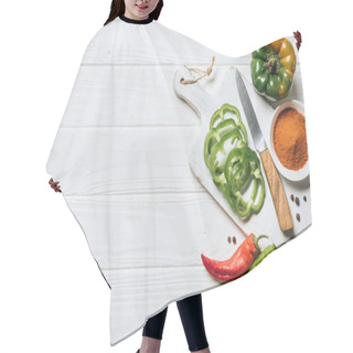 Personality  Top View Of Chili And Bell Peppers, Bowl With Spice On White Wooden Table Hair Cutting Cape