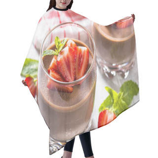 Personality  Chocolate Dessert Of Whipped Cream And Strawberries In Glass. Hair Cutting Cape
