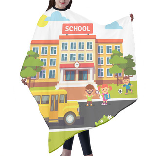 Personality  School Building, Bus And Students Children Hair Cutting Cape