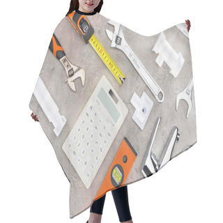 Personality  Flat Lay With Various Tools And Calculator On Concrete Surface Hair Cutting Cape