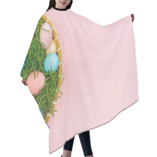 Personality  Top View Of Easter Eggs In Wicker Plate With Grass Isolated On Pink With Copy Space Hair Cutting Cape