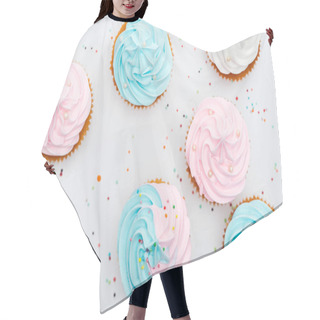 Personality  Top View Of Delicious White, Pink And Blue Cupcakes With Sprinkles Isolated On White Hair Cutting Cape
