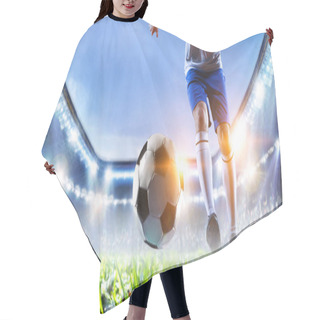 Personality  Soccer Player On Stadium In Action. Mixed Media Hair Cutting Cape