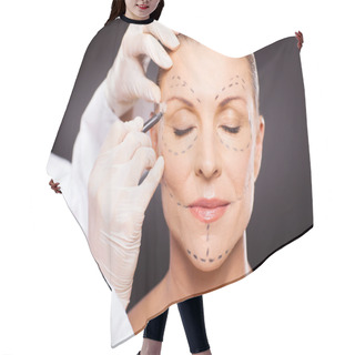 Personality  Middle Aged Woman Preparing For Plastic Surgery Hair Cutting Cape
