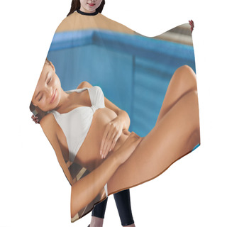 Personality  Body Care. Woman Relaxing At The Pool. Spa Hair Cutting Cape