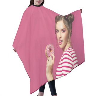 Personality  Young Funny Woman With Donut On Colorful Pink Background Hair Cutting Cape