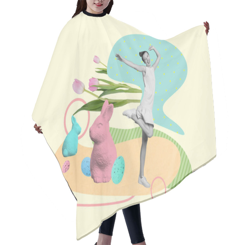 Personality  Photo Artwork Collage Picture Of Smiling Carefree Lady Having Fun Dancing Enjoying Easter Time Isolated Drawing Background. Hair Cutting Cape