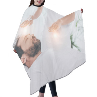 Personality  Cropped Shot Of Bearded Man With Closed Eyes Receiving Reiki Healing Treatment Hair Cutting Cape