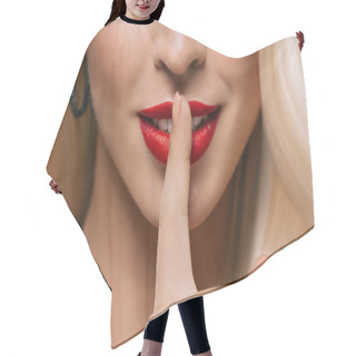 Personality  Cropped View Of Beautiful Woman With Silence Symbol Hair Cutting Cape