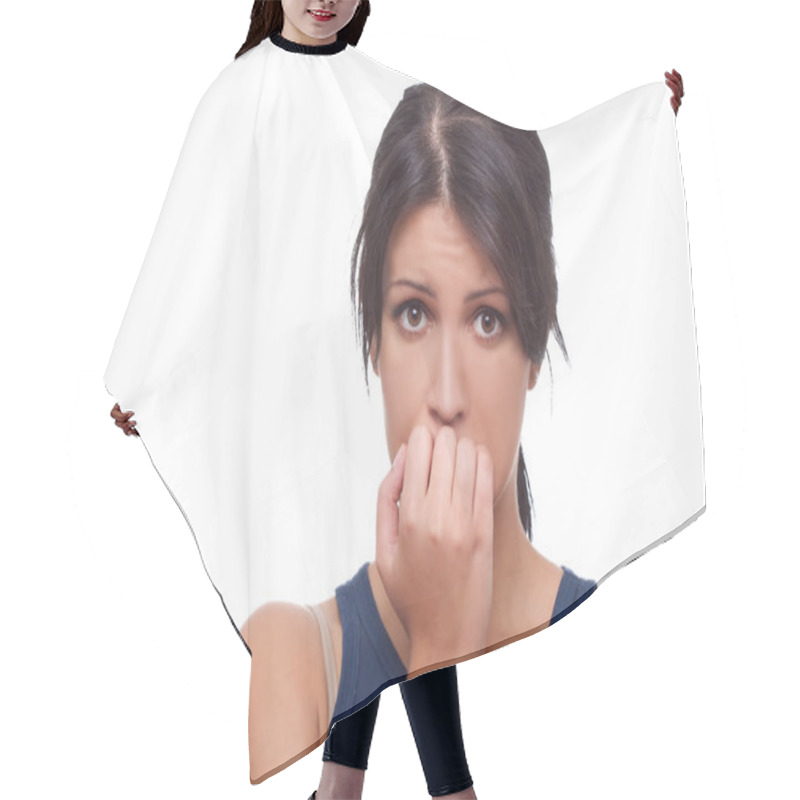 Personality  Worried woman hair cutting cape