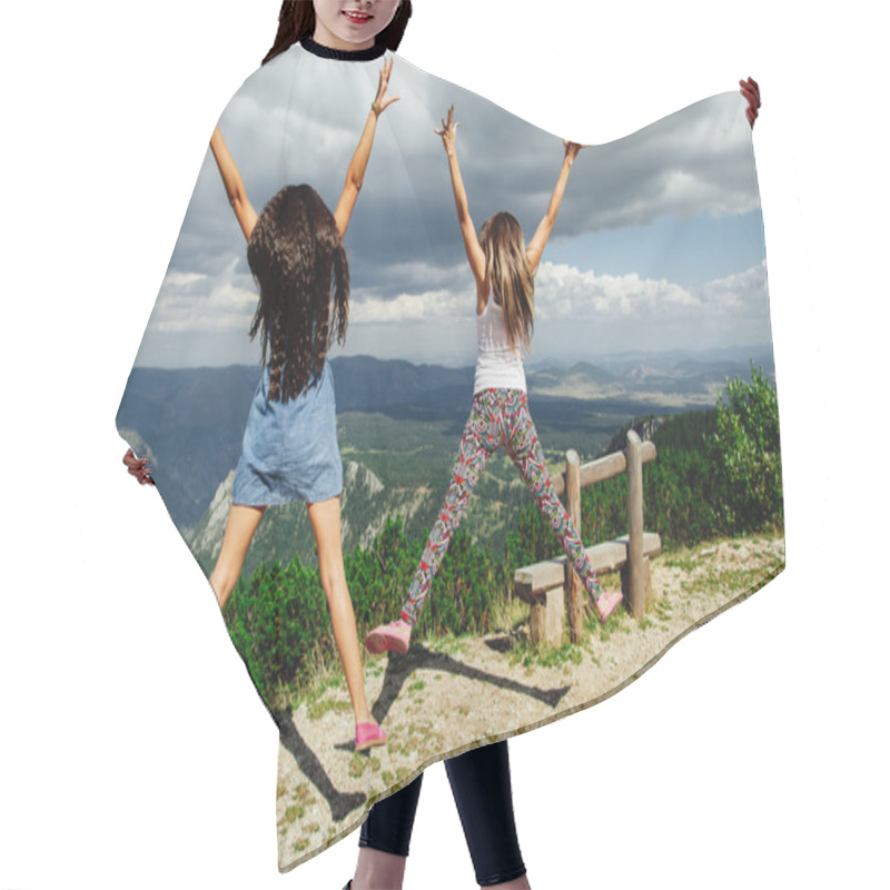 Personality  Two Girls Happy Jump In Mountains Hair Cutting Cape