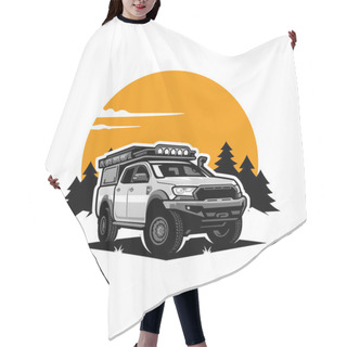 Personality  A Vector Design Of A Light Gray SUV Pickup Truck With An Orange Sky Background- Off-road Car Hair Cutting Cape