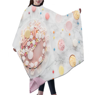 Personality  Top View Of Pink Birthday Cake With Marshmallows, Cupcakes And Milkshakes On Marble Table  Hair Cutting Cape