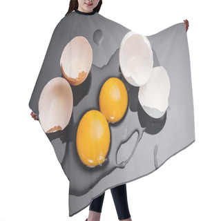 Personality  Top View Of Raw Smashed Chicken Eggs With Yolks, Proteins And Eggshell On Black Background Hair Cutting Cape