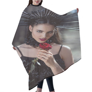 Personality  Young Woman In Witch Costume Looking At Camera, Holding Red Rose Near Face Hair Cutting Cape