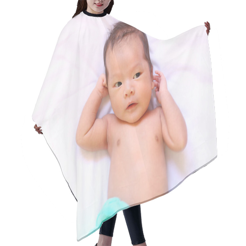 Personality  Newborn Baby Of Asia Relax In A Good Mood On White Bed. Hair Cutting Cape