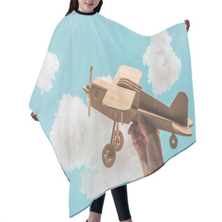 Personality  Wooden Toy Plane Flying Among White Fluffy Clouds Made Of Cotton Wool Isolated On Blue Hair Cutting Cape