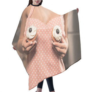 Personality  Mid Section Of Sexy Girl In Apron Holding Tasty Cupcakes Near Breasts   Hair Cutting Cape