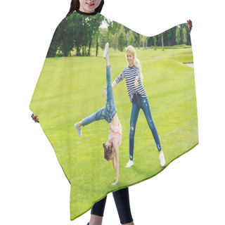 Personality  Mother With Daughter Performing Handstand Hair Cutting Cape