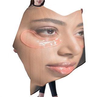 Personality  Beautiful African American Girl With Hydrogel Eye Patches, On Grey Hair Cutting Cape