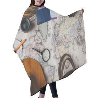 Personality  Top View Of Brown Leather Bag, Hat, Magnifying Glass, Small Model Plane, Photo Camera, Lens And Passport With Boarding Pass On Map  Hair Cutting Cape