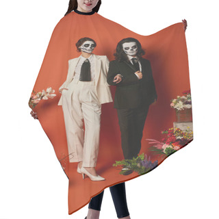 Personality  Couple In Catrina Makeup And Suits Posing Near Dia De Los Muertos Ofrenda With Flowers On Red Hair Cutting Cape
