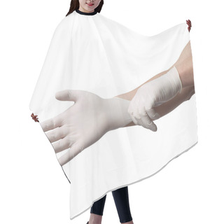 Personality  Close Up Of A Hand With White Latex Protective Gloves On White Background Hair Cutting Cape