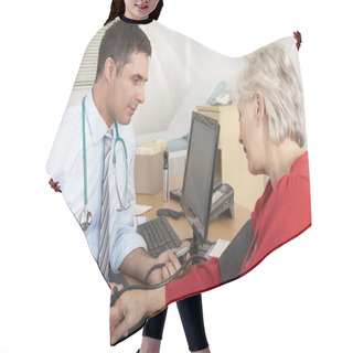 Personality  British Doctor Taking Senior Woman's Blood Pressure Hair Cutting Cape