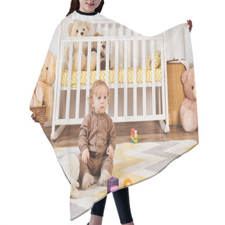 Personality  Little Boy Sitting On Floor Near Soft Toys And Crib In Cozy Nursery Room, Happy Toddlerhood Hair Cutting Cape