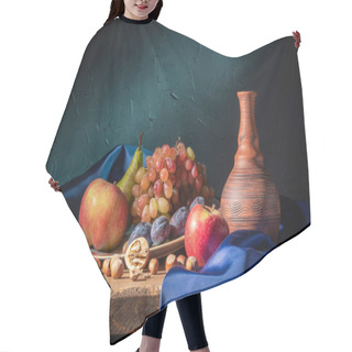 Personality  Still Life With Fruit And Red Wine. Grapes, Apples, Pear, Plums, Nuts And Blue Drapery Hair Cutting Cape