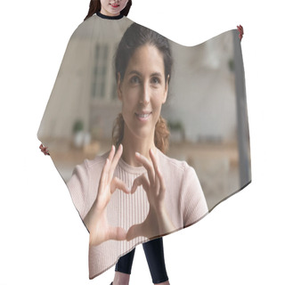 Personality  Latina Woman Makes Heart Symbol Gesture With Joined Fingers Hair Cutting Cape
