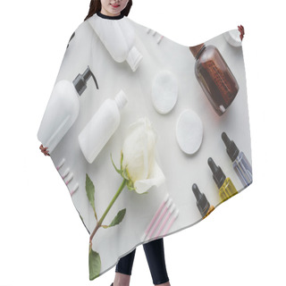 Personality  Top View Of Bottles Of Cream, Cosmetic Pads And Rose On White Surface, Beauty Concept Hair Cutting Cape