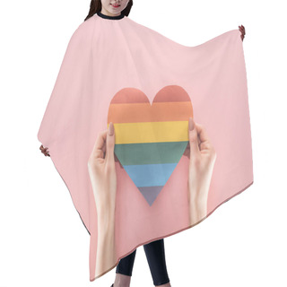 Personality  Partial View Of Woman Holding Rainbow Colored Paper Heart On Pink Background, Lgbt Concept Hair Cutting Cape