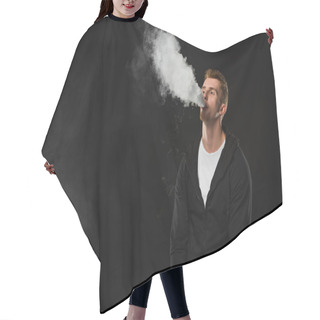 Personality  Young Bearded Man Vaping Electronic Cigarette Surrounded By Clouds Of Steam Hair Cutting Cape