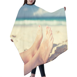 Personality  Closeup Of Woman Legs On Sea Shore Hair Cutting Cape