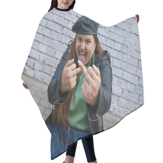 Personality  Sassy Plus Size Woman In Leather Jacket And Black Beret Showing Middle Fingers And Sticking Tongue Out Near Brick Wall On Urban Street, Body Positive, Bad Behavior, Cheerful  Hair Cutting Cape