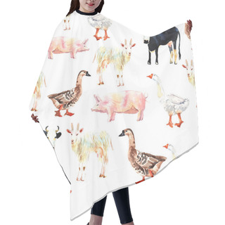 Personality  Farm Animal Seamless Pattern Drawing In Watercolor. Cow, Duck, G Hair Cutting Cape