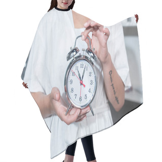 Personality  Woman Holding Clock  Hair Cutting Cape