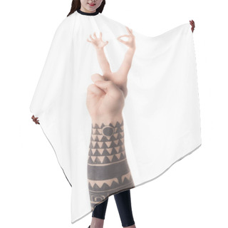 Personality  Cropped View Of Tattooed Hand Gesturing And Showing Ok Sign Isolated On White Hair Cutting Cape