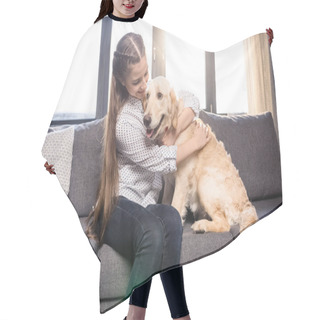 Personality  Girl Hugging Dog Hair Cutting Cape