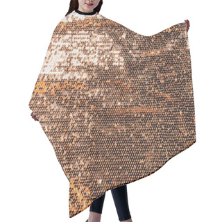 Personality  Elevated View Of Golden Textile With Shiny Sequins As Background  Hair Cutting Cape