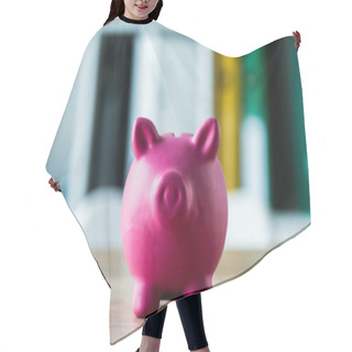 Personality  Toy Piggy Bank On Wooden Desk In Office  Hair Cutting Cape