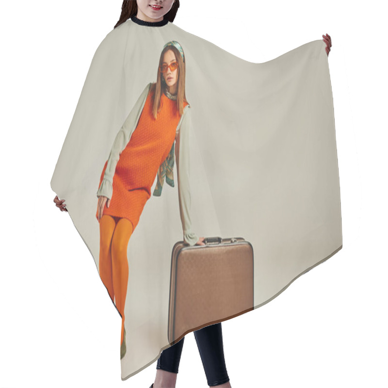 Personality  Full Length Of Glamour Woman In Orange Dress Posing Near Vintage Suitcase On Grey, Fashion From Past Hair Cutting Cape