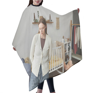 Personality  Heartbroken And Depressed Young Woman Standing In Nursery Room At Home, Grieving And Frustration Hair Cutting Cape