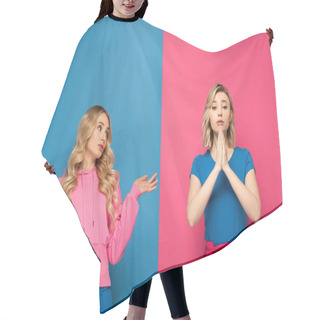 Personality  Attractive Blonde Girl With Shrug Gesture Looking At Sister With Prayer Hands On Pink And Blue Background Hair Cutting Cape